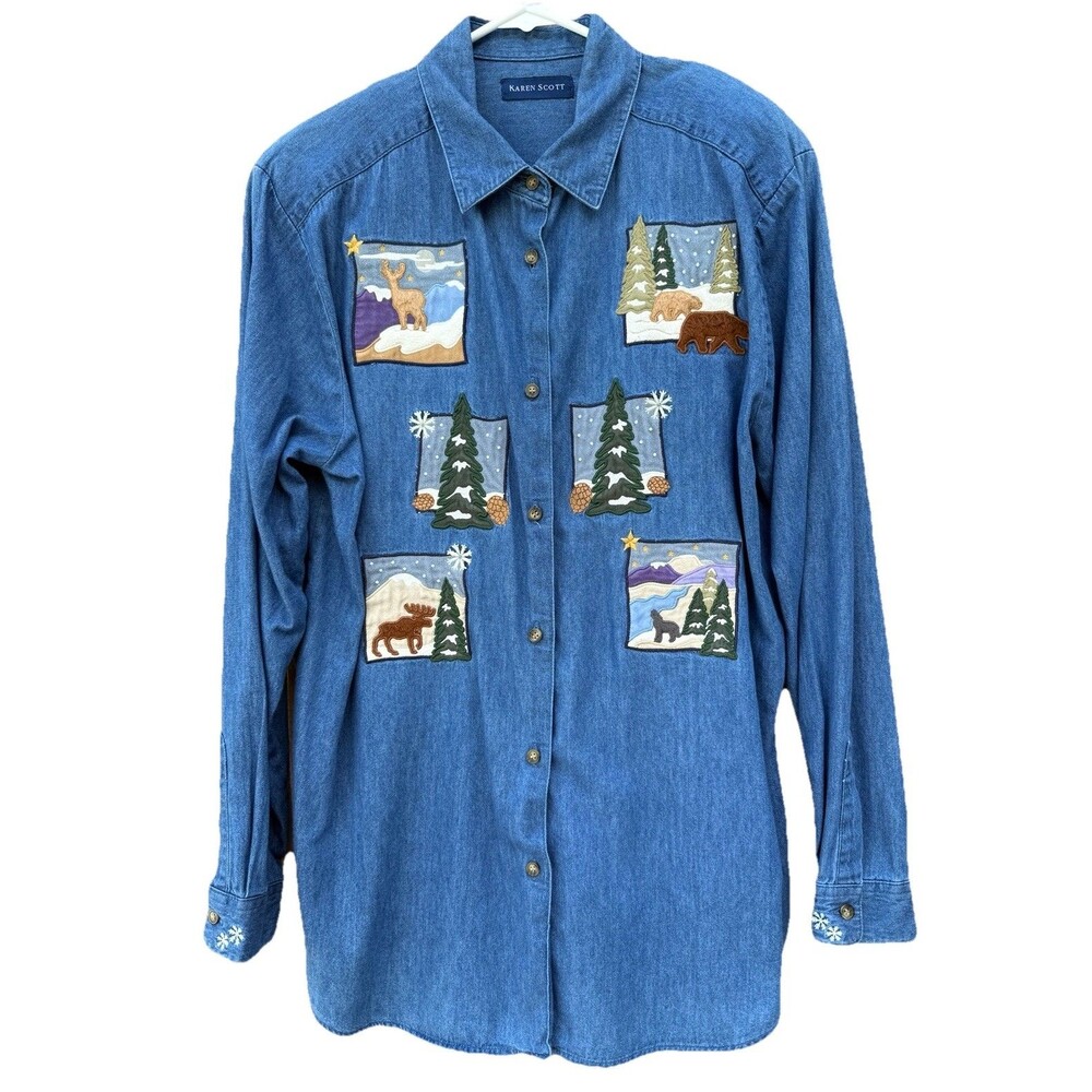 Karen Scott Womens Light  Denim Jacket Large Winter Theme